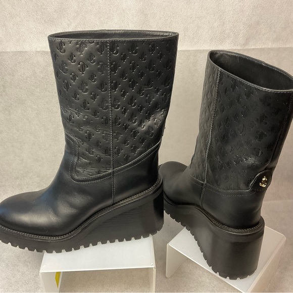 Jimmy Choo Shoes - Jimmy Choo Monogram Embossed Leather Wedge Boots- Black- Barely Worn- Size 37.5